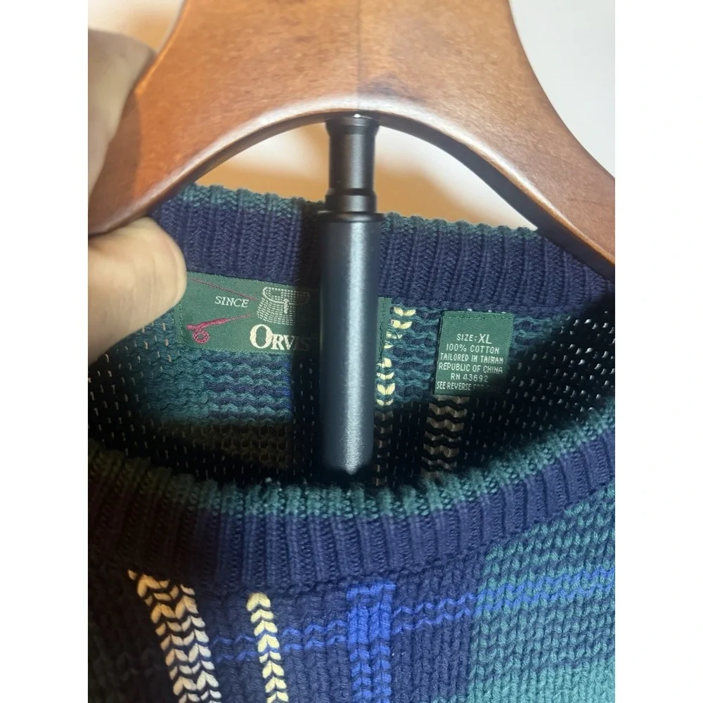 VTG Orvis Knit Plaid Long Sleeve Heavy Sweater Green Men's Xl